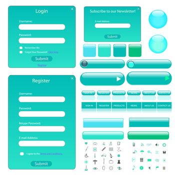Colorful web template with forms, bars, buttons and many icons.