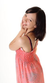 Happy girl of Asian, closeup portrait with smiling face isolated on white background.