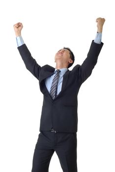 Angry business man rise hands and fist, isolated on white background.