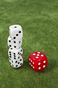 Red die contrast with four white dice on green floor