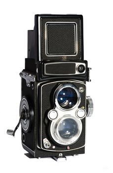 Old doubble obtics camera seen from the front, isolated on white