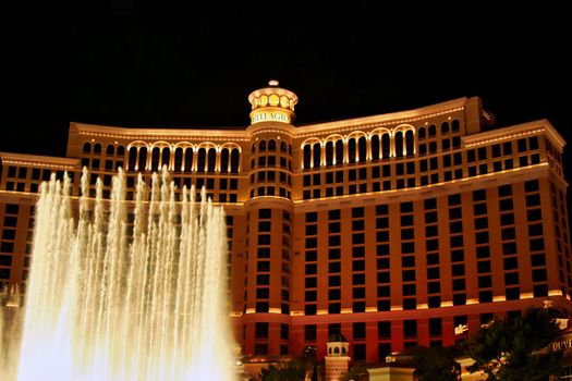 The Bellagio hotel and casino at night located on the Las Vegas strip