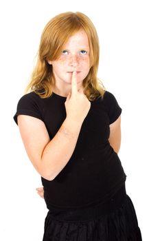 red head girl with freckles is thinking on white