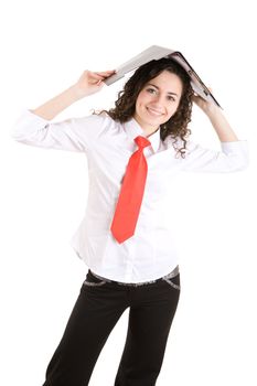 happy businesswoman closes her head with a carpet with documents