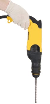Hand keep yellow perforator on white background