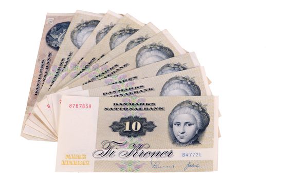 Cash money, ten kroner bills from Denmark, isolated on white background