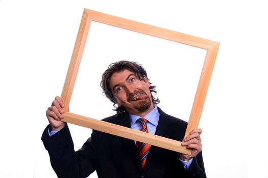 young business man playing silly over white background