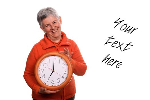 mature woman with clock over white background