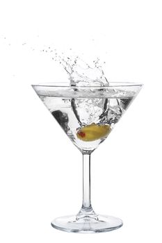 Cocktail splash with an olive on isolated background