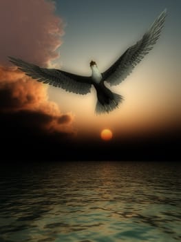 An eagle flying over an ocean.