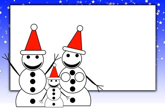 A snowman family with a blank sign.