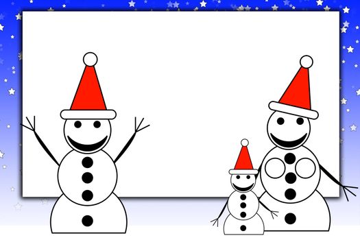 A snowman family with a blank sign.