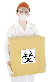 Scientist keep carton box with sticker sign biohazard
