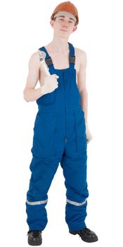 Man in worker overalls with denuded by torso