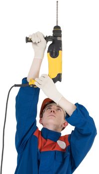 Man in worker cloth and yellow perforator