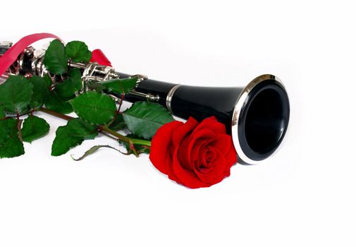 beautiful red rose and clarinet composition over white