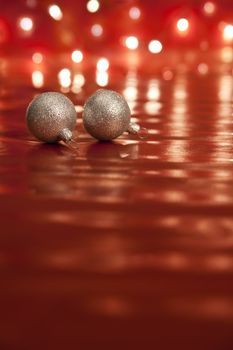 Christmas decoration with baubles. Shallow depth of field, focus on bauble, aRGB.