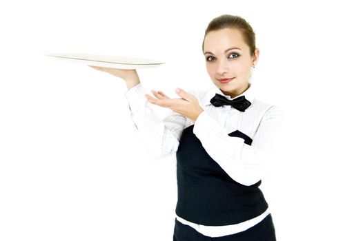Waitress in uniform and necktie holding tray isolated on white