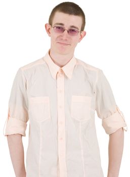 Young man bespectacled and light-rose shirt on the white background