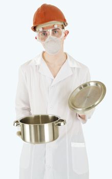 Scientist with saucepan in hands with surprised by facial expression