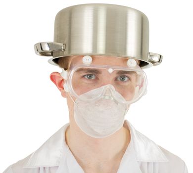 Scientist with steel saucepan on head instead of helmet