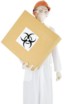 Scientist holding in hand carton box with sticker sign biohazard