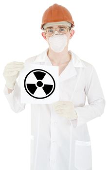 Scientist and sign radiation on the white background