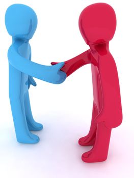 Red and blue 3d characters shaking hands.