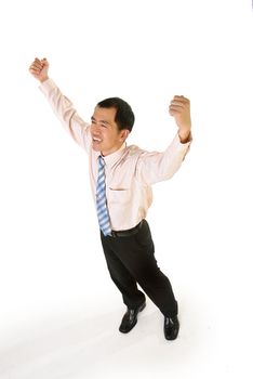 Successful entrepreneur open arms and smile, full length portrait isolated on white background.