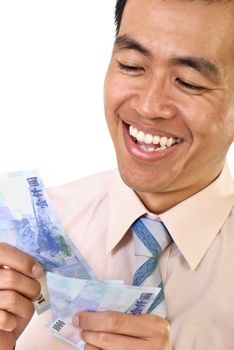 Make money concept of mature business man, closeup portrait with smiling face.