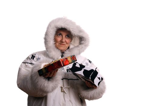 mature woman with gifts over white background
