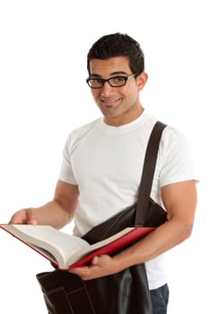 Smiling male university or college student, holding an open textbook.  White background.