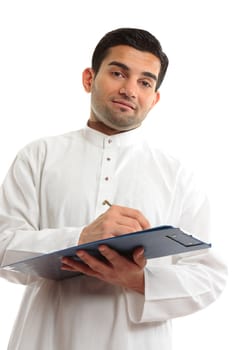 Ethnic arab mixed race businessman with pen and clipboard folder.  White background.