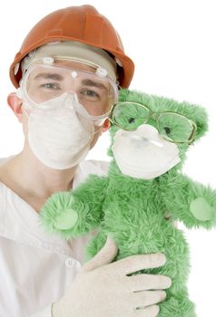 Scientist  on the helmet with bear on a white background