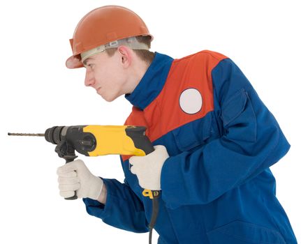Man in worker cloth holding yellow perforator on the hands
