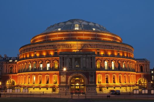 Front entrance to the Royal Albert Hall at Dusk.