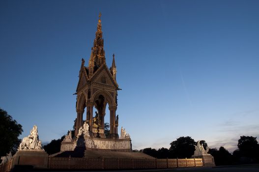 Royal Albert Memorial in London at dusk.
