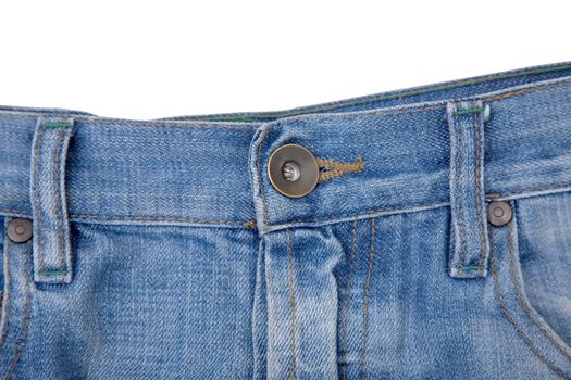 detail of blue denim jeans with button