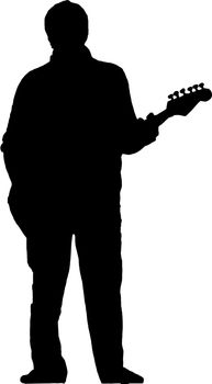Black silhouette of a still guitarist, on white background