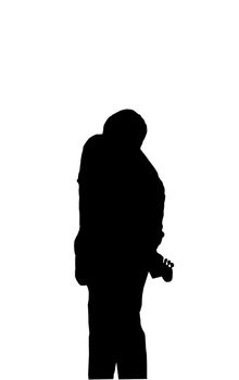 Black silhouette of a still guitarist, on white background