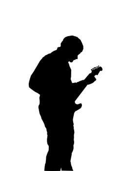 Black silhouette of a playingl guitarist, on white background