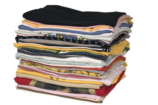 stack of colored t-shirts, front view, ironed and packed