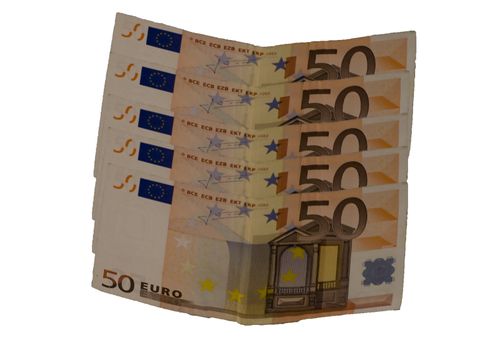 Five banknotes of fifty euros on white background