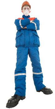 Builder in helmet and respirator on the white background