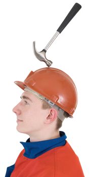Laborer on the helmet with hammer on a white background