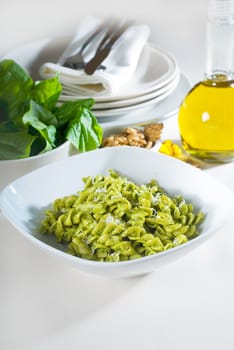 italian fusilli pasta and fresh homemade  pesto sauce