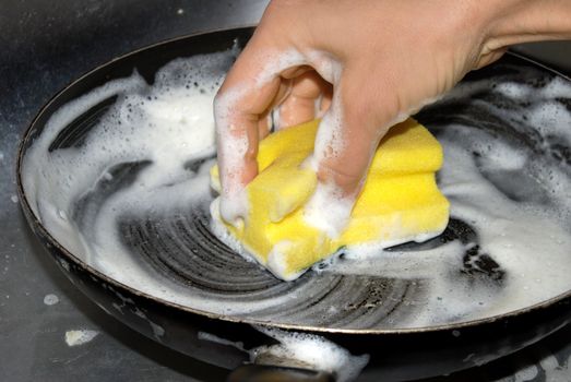 female hand washing frying pan closeup