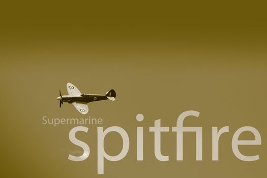 A Supermarine Spitfire MK PRXIX PS915 'The Last'. Set as a sepia styled image, with text spelling Supermarine Spitfire.