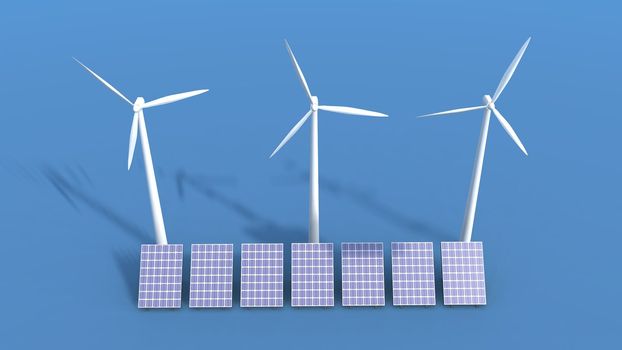 a 3D render of wind turbines and solar panels