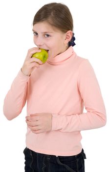 Girl in the pinkish sweater with apple on a white background